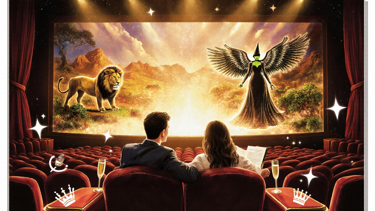 Audience members in plush VIP seats watching an extravagant musical set, with subtle symbols hinting at technology, star talent, and iconic branding.