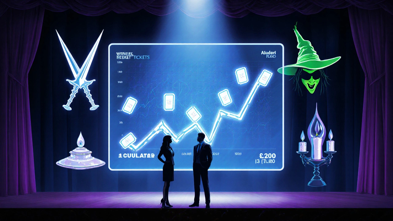 Backstage view with glowing ticket icons and silhouettes of top Broadway shows.
