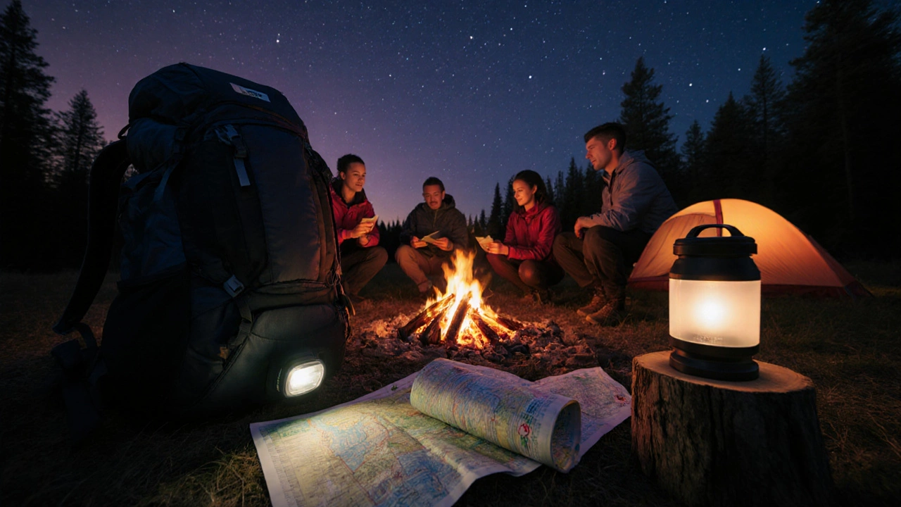 Campfire night scene with gear checklist items and friends sharing a fire under stars.