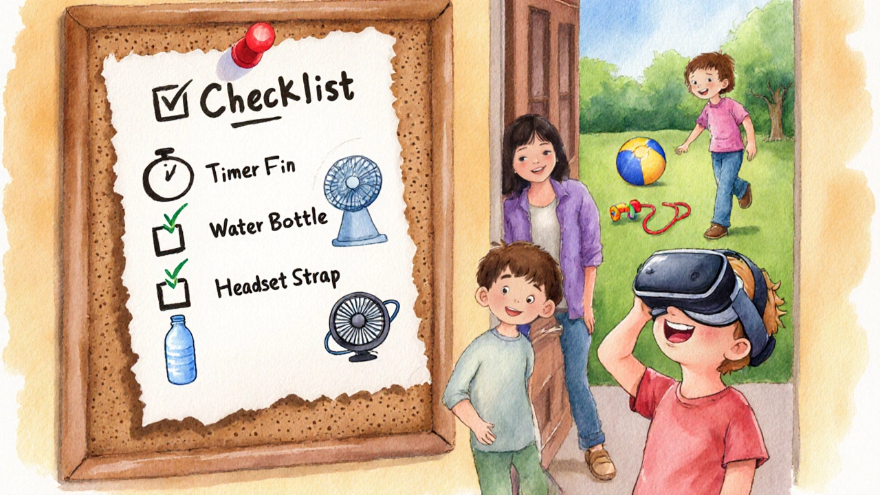 Checklist of VR safety items alongside child playing VR and outdoor toys.