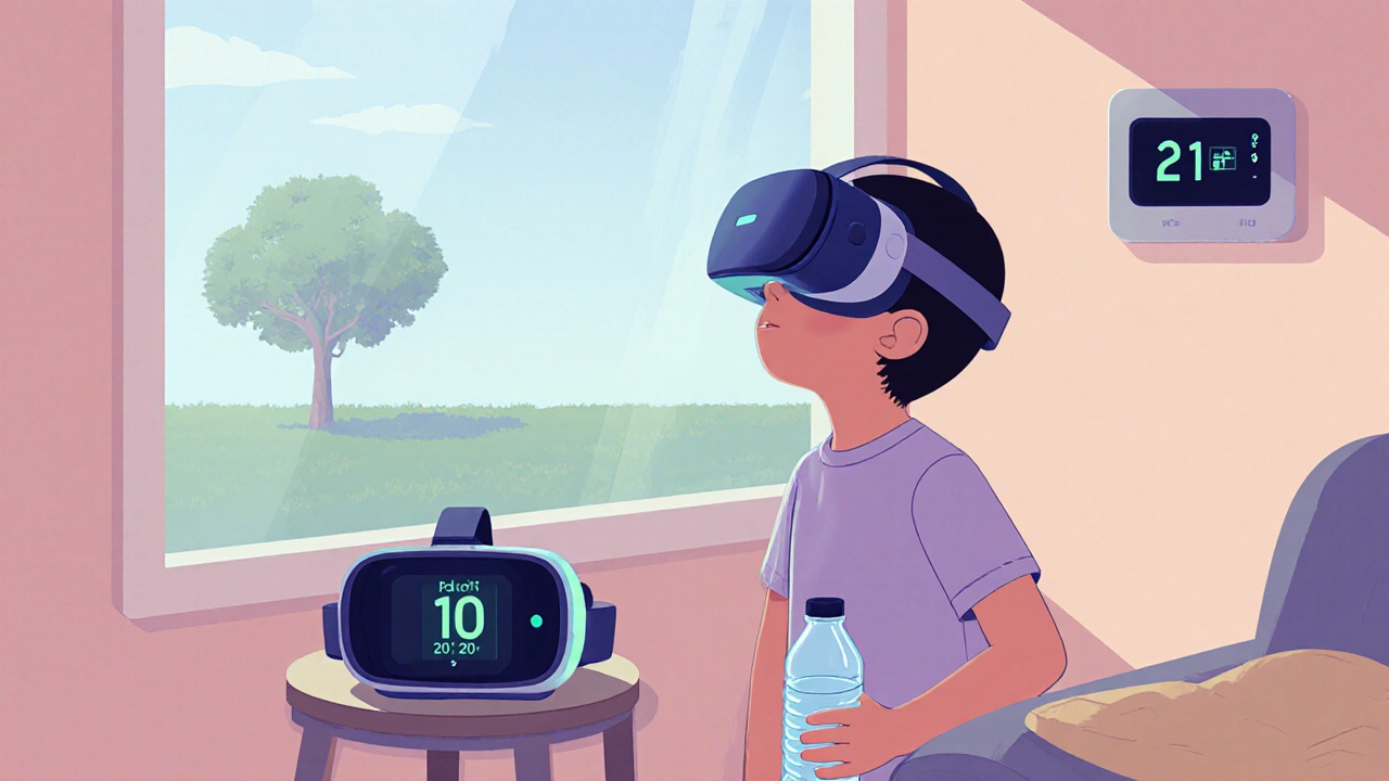 Child taking a VR break, looking out a window with water bottle and timer nearby.