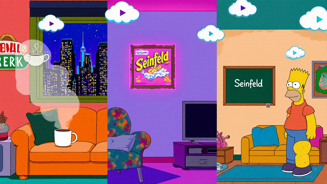 Collage of Central Perk couch, Seinfeld apartment, and Simpsons living room representing top sitcoms.