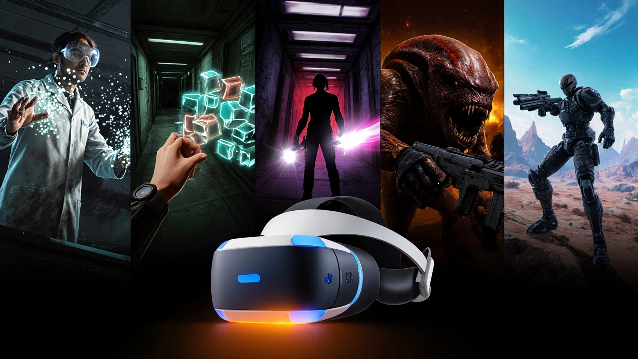 Collage of five VR game scenes: The Lab, Beat Saber, Resident Evil 4 VR, Half‑Life: Alyx, and PlayStation VR2.