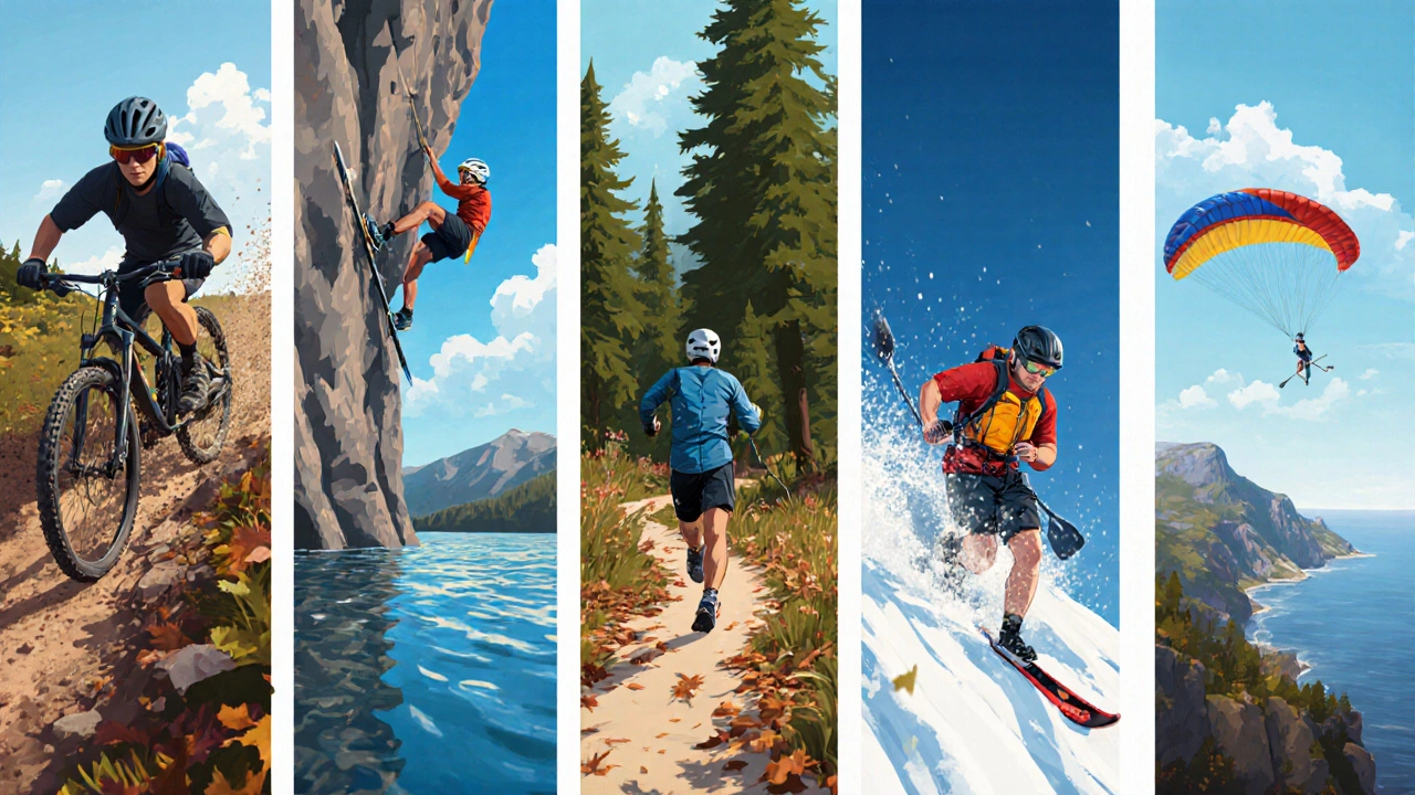 Collage of mountain biking, rock climbing, kayaking, trail running, skiing, and paragliding.