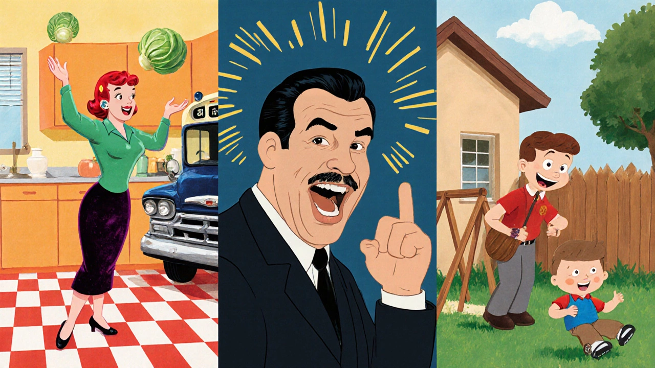 Colorful collage of early sitcom icons from I Love Lucy, The Honeymooners, and Leave It to Beaver.