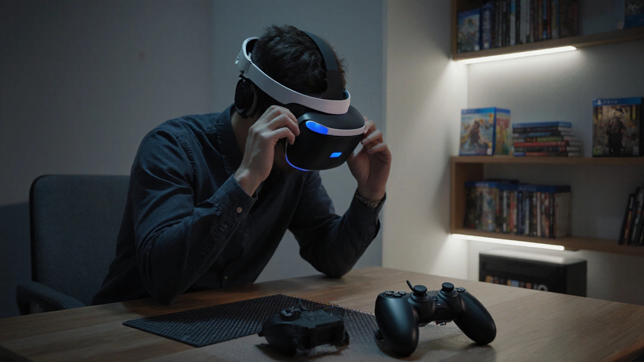 Comfortable VR play space with a user adjusting a headset, controllers on a table, and ambient lighting.