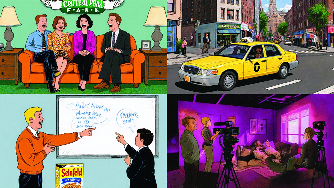 Comic-style collage showing iconic scenes from Friends, The Office, Seinfeld, and Modern Family.