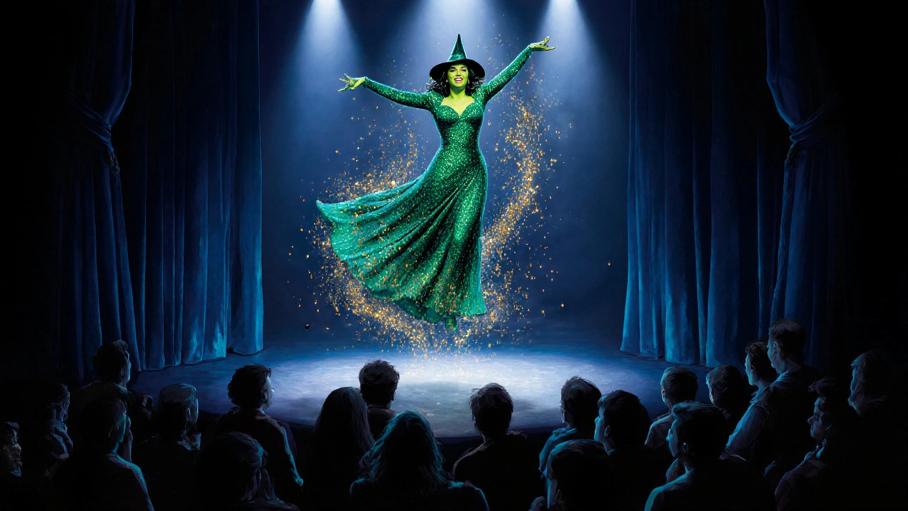 Elphaba soaring above the stage during “Defying Gravity” with bright spotlights.