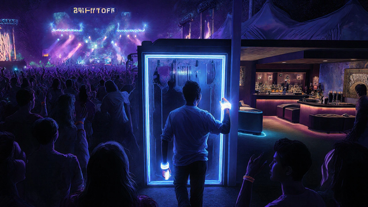 Festival attendee entering a VIP lounge with a glowing wristband, while a lively crowd watches.