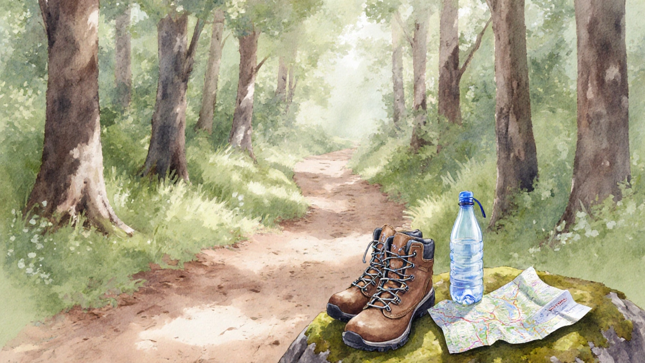 Forest trail with hiker’s boots, water bottle, and map under dappled sunlight.