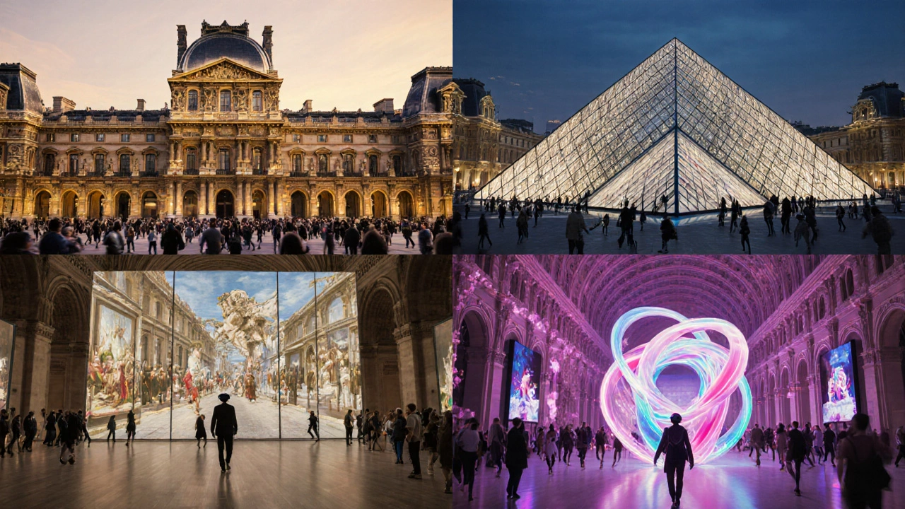 Four city venues—Paris, Dubai, New York, Tokyo—showcasing the Louvre's traveling exhibition with crowds.