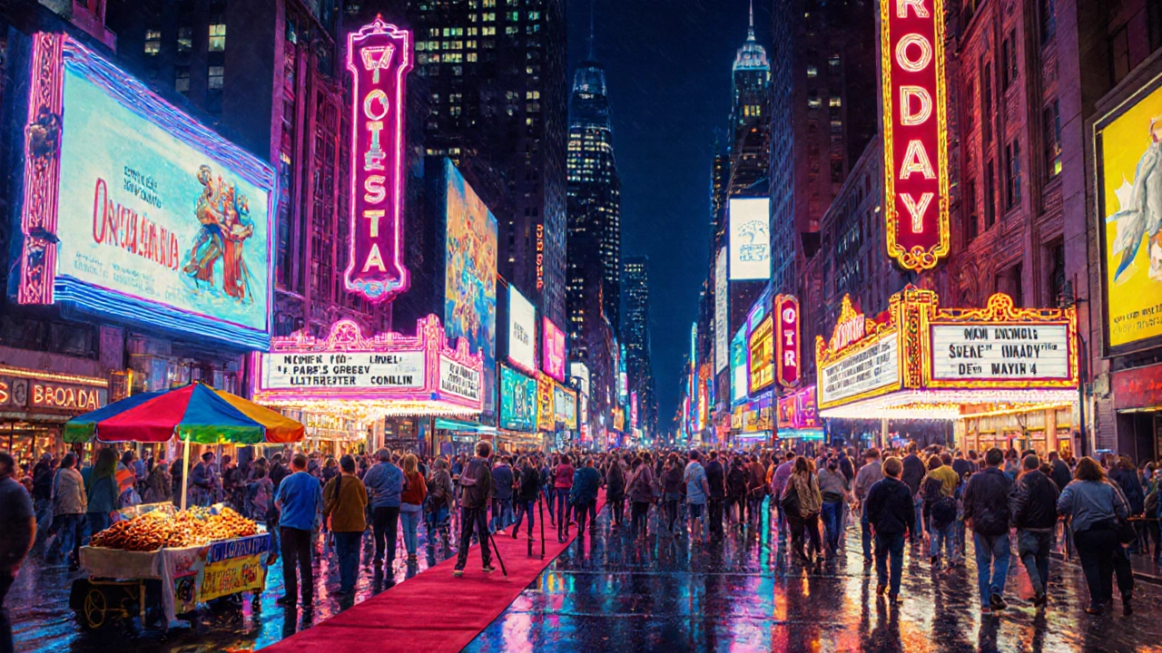 Friday night Broadway street crowded with neon signs, lines, and excited crowds.