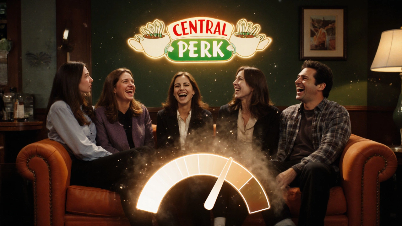 Friends laughing on the Central Perk couch under a glowing Netflix logo with a steam binge meter.
