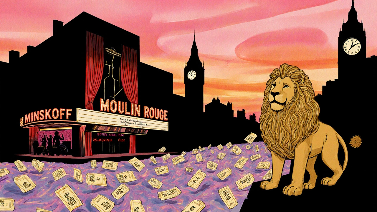 Future Broadway skyline with lion statue, new show silhouettes, and flowing tickets.