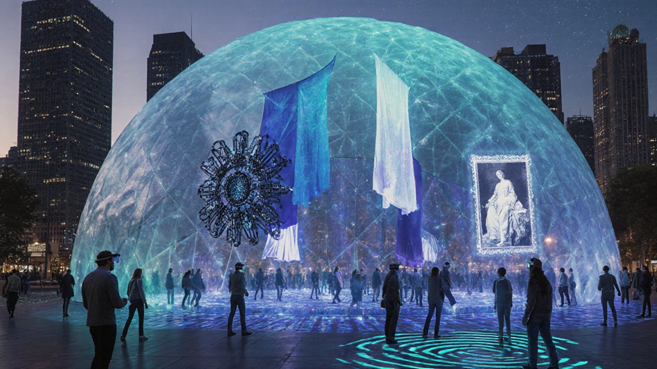 Futuristic inflatable dome in a city square blending physical art and AR projections at dusk.