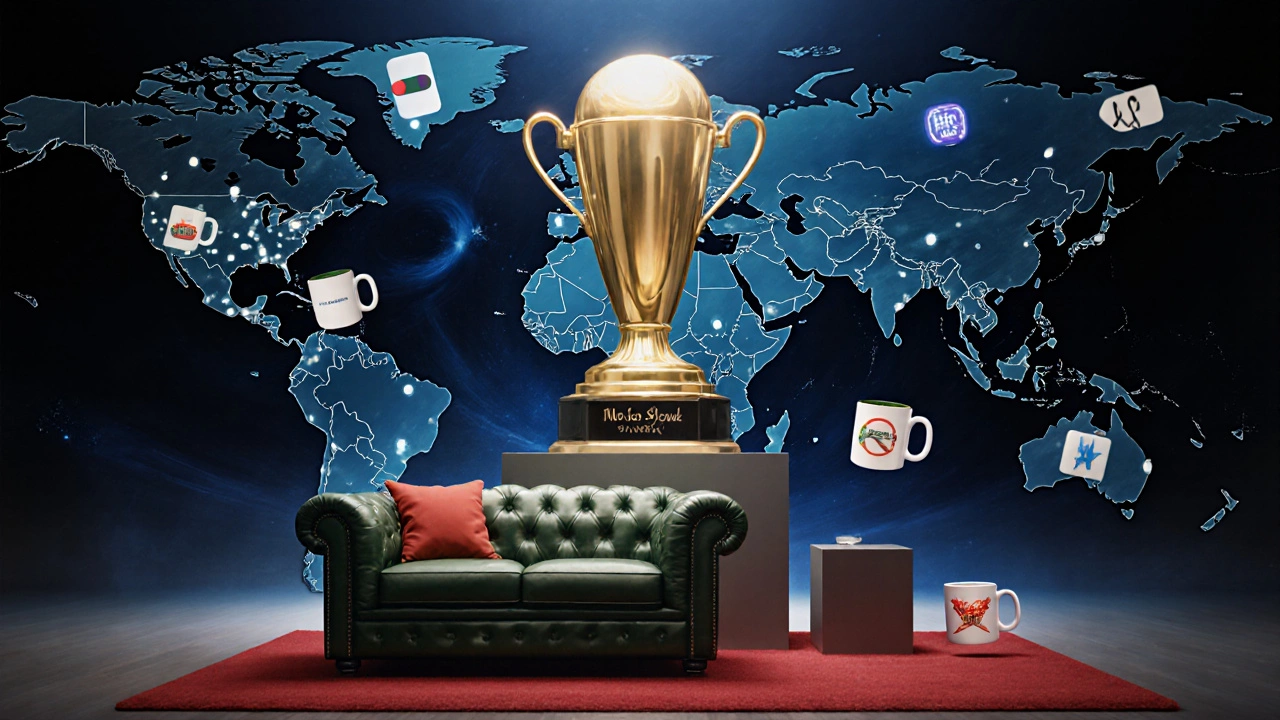 Golden TV trophy with streaming symbols and a world map, highlighted by the Central Perk couch.