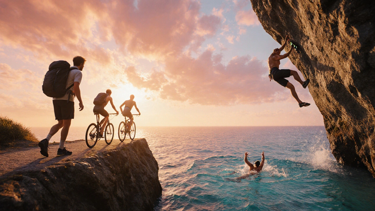 Group doing physical activities: hiking, cycling, swimming, rock climbing at sunset.