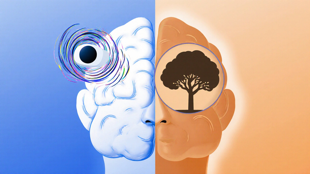 Illustration of a brain balancing motion confusion with visual stability through a fixed point.