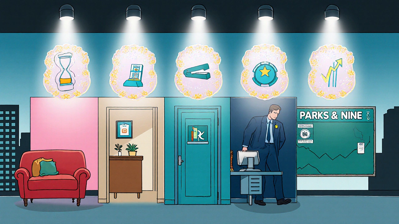 Illustration of five iconic comedy show settings with glowing symbols of binge popularity.