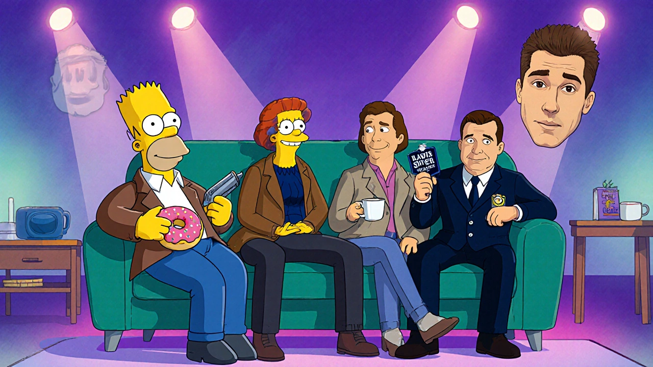 Modern sofa with characters from The Simpsons, Doctor Who, Coronation Street, Law & Order, and SNL.