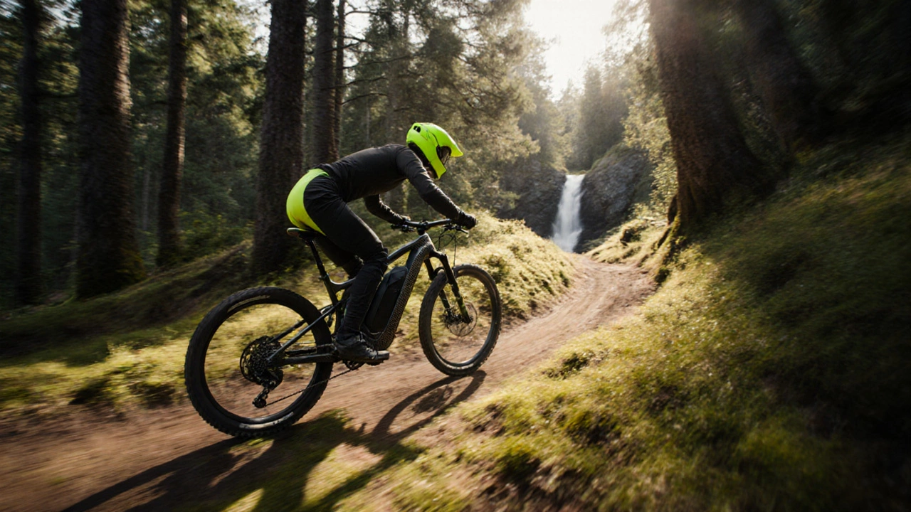 Mountain biker speeding down a forest trail on a high‑tech electric bike.