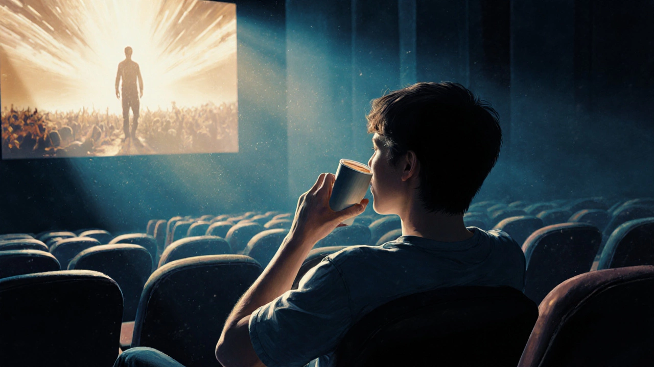 One person sitting alone in a dark cinema watching a film during a morning showing.