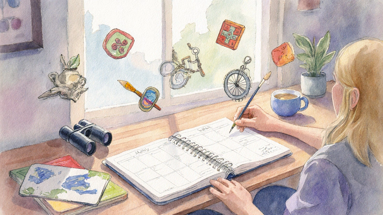 Person planning weekly recreation mix with watercolor icons of bike, brush, game, binoculars.
