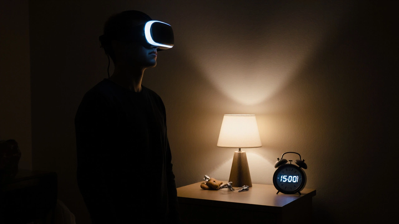 Person using VR in a dim room with a supportive lamp behind them for better spatial awareness.