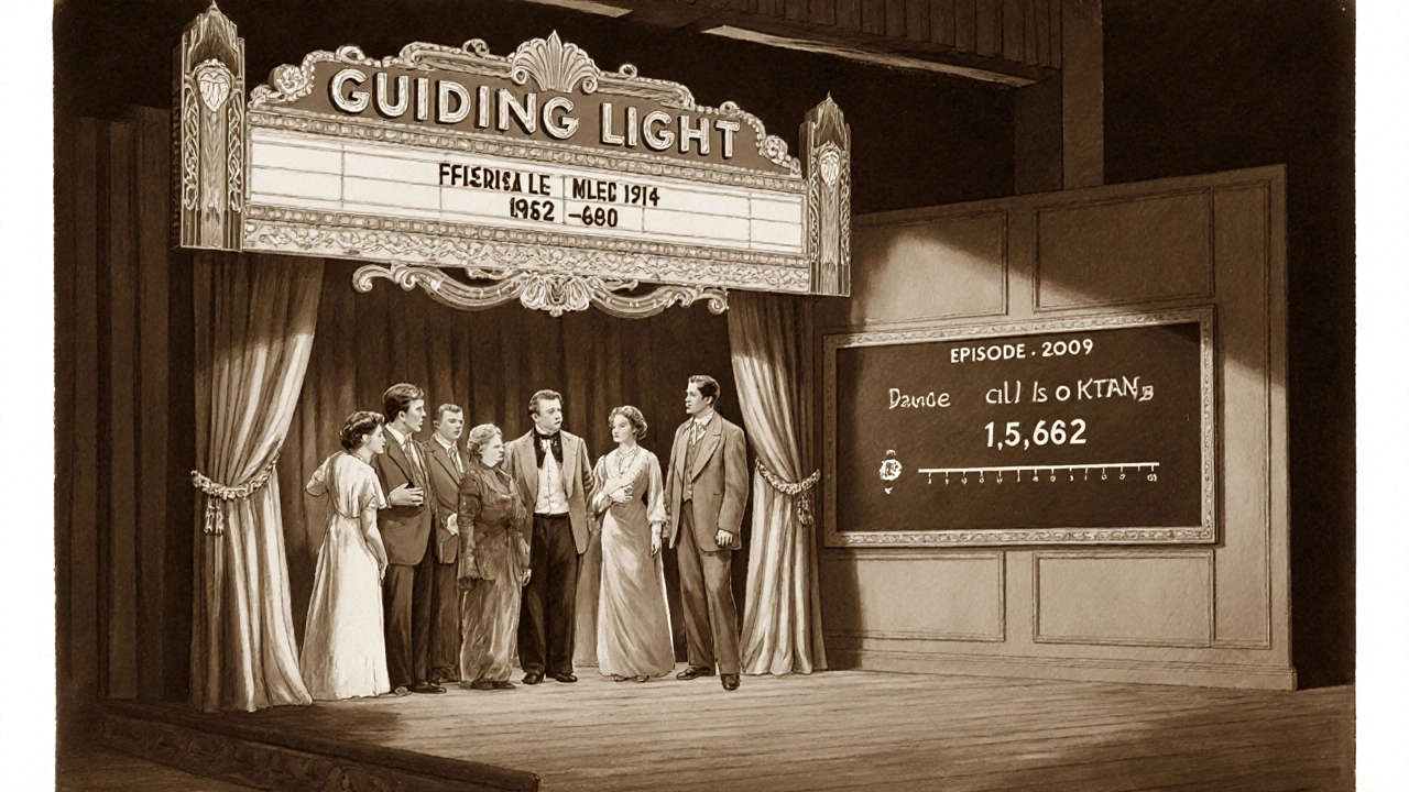 Retro TV studio set for Guiding Light with episode count chalkboard.