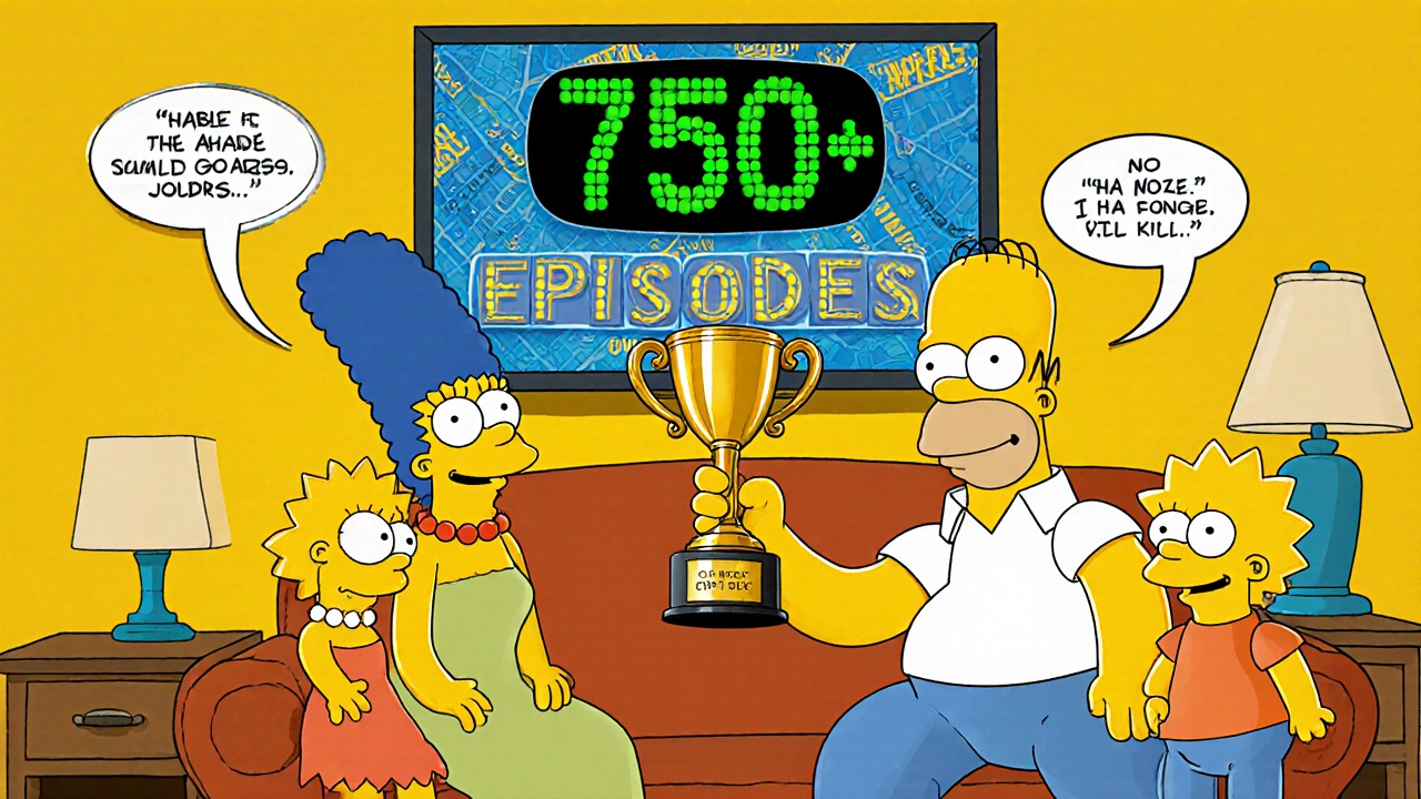 Simpson family on couch holding a trophy with 750+ episodes sign.