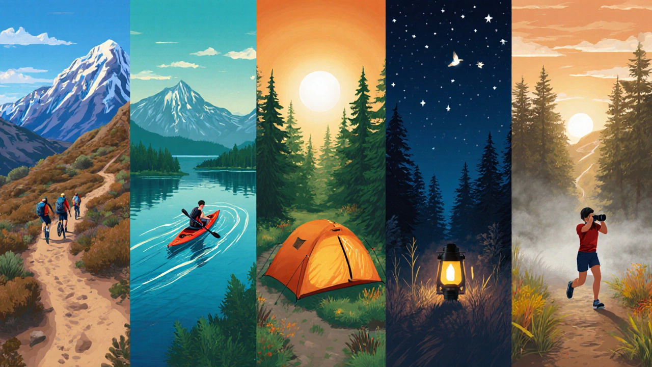 Six‑panel illustration showing hiking, kayaking, mountain biking, camping, bird watching, and trail running.