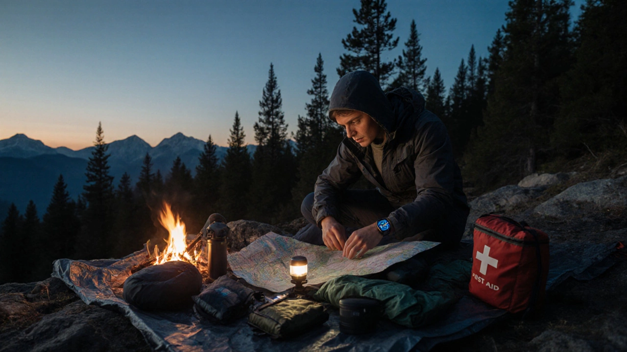 Solo camper arranging gear and checking a map beside a small fire at dusk.