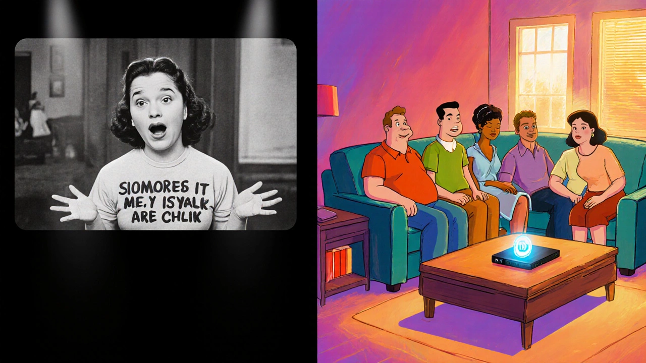Split scene contrasting the 1949 Goldbergs with a modern sitcom, illustrating sitcom evolution.