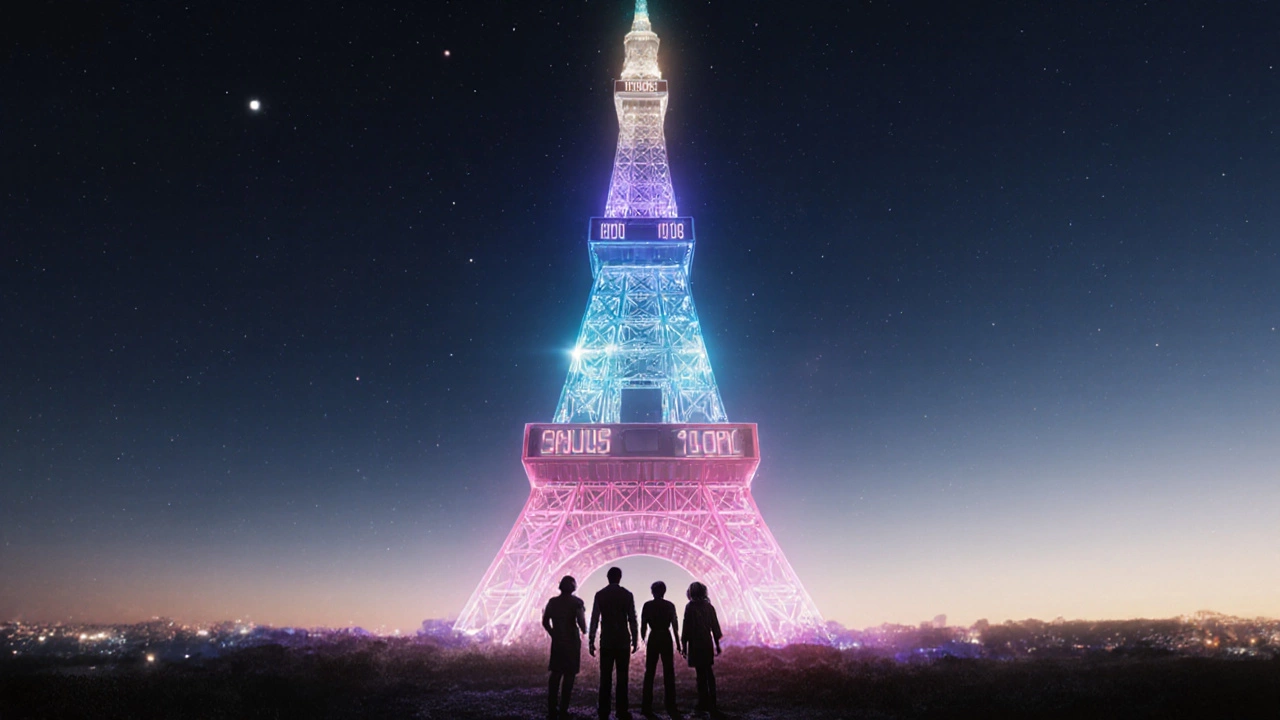 Tall glowing TV tower at night with generations of viewers watching from below.