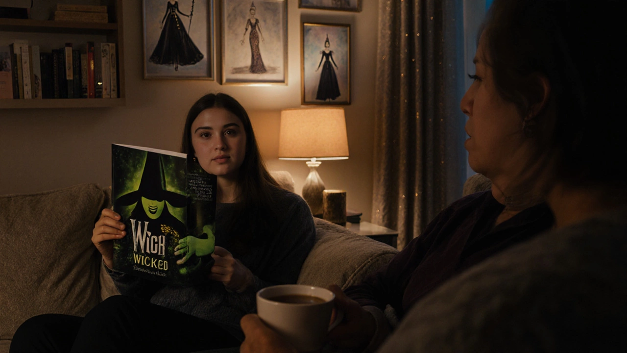 Teen and parent chatting at home after the musical, program in hand.