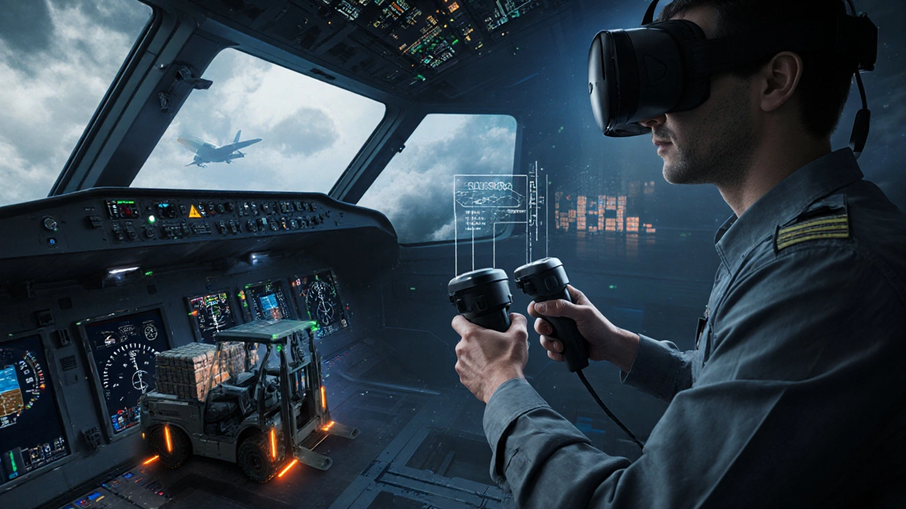 Trainee using VR controllers to operate a virtual aircraft cockpit.