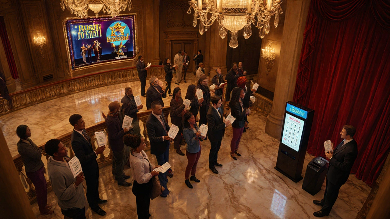 Tuesday theater lobby with patrons holding rush tickets and a digital lottery screen.
