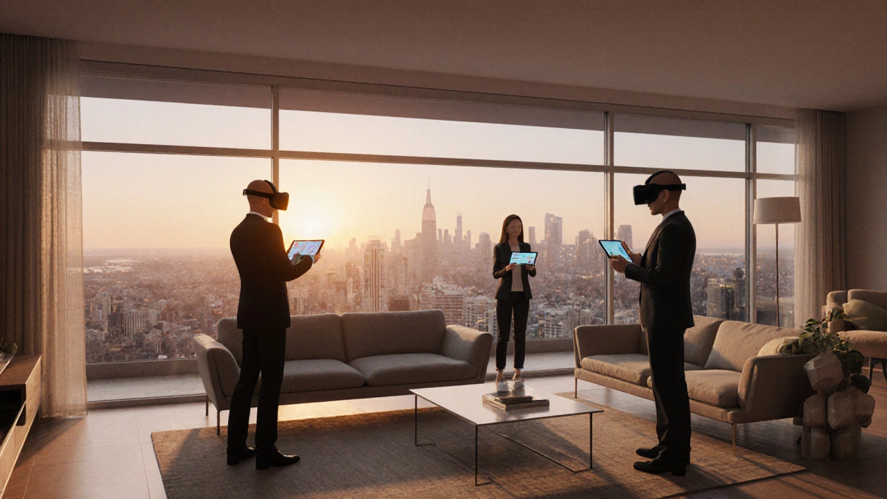 Virtual living room with avatars viewing a city sunset through a glass wall.
