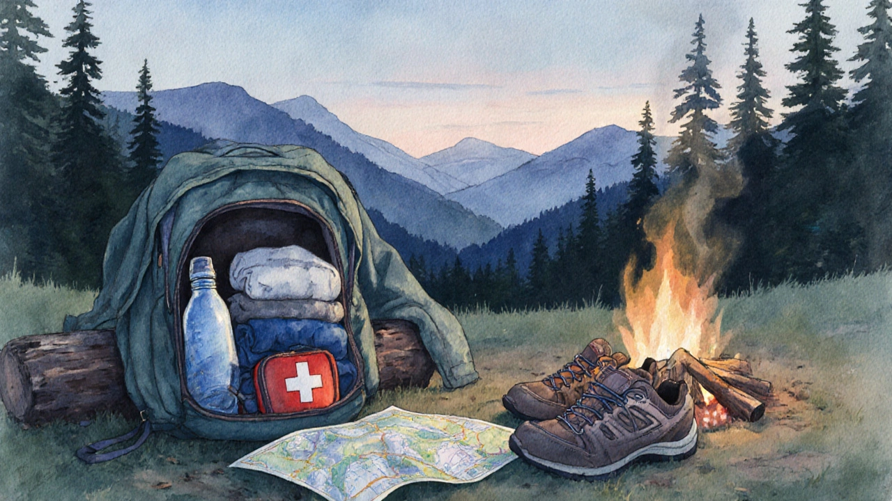 Watercolor of campsite gear spread out with a backpack, map, and fire at dusk.