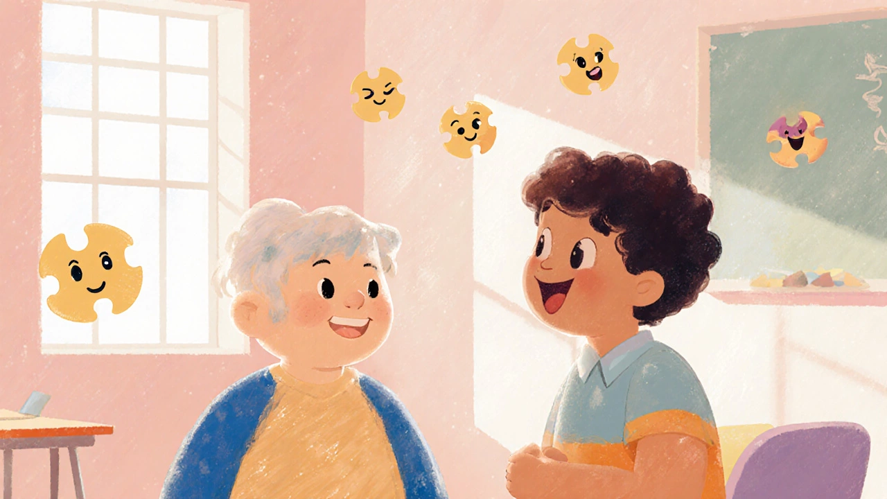 A child interacting with a virtual character to learn social cues in a calm classroom setting.