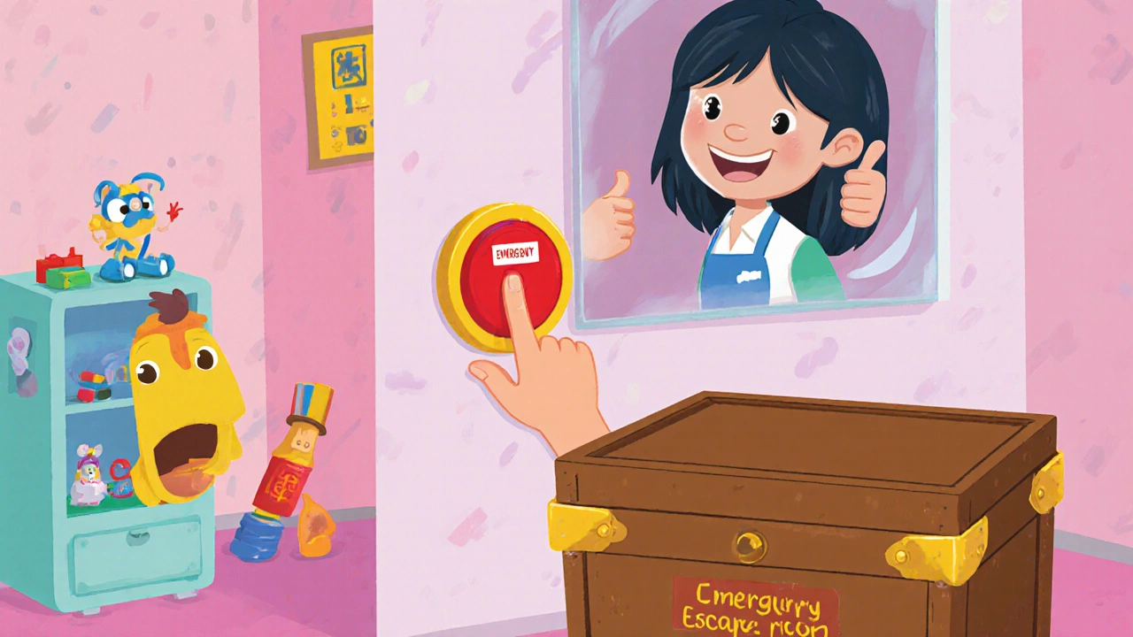 A child pressing a bright emergency button behind a toy chest in a colorful, kid-friendly escape room.