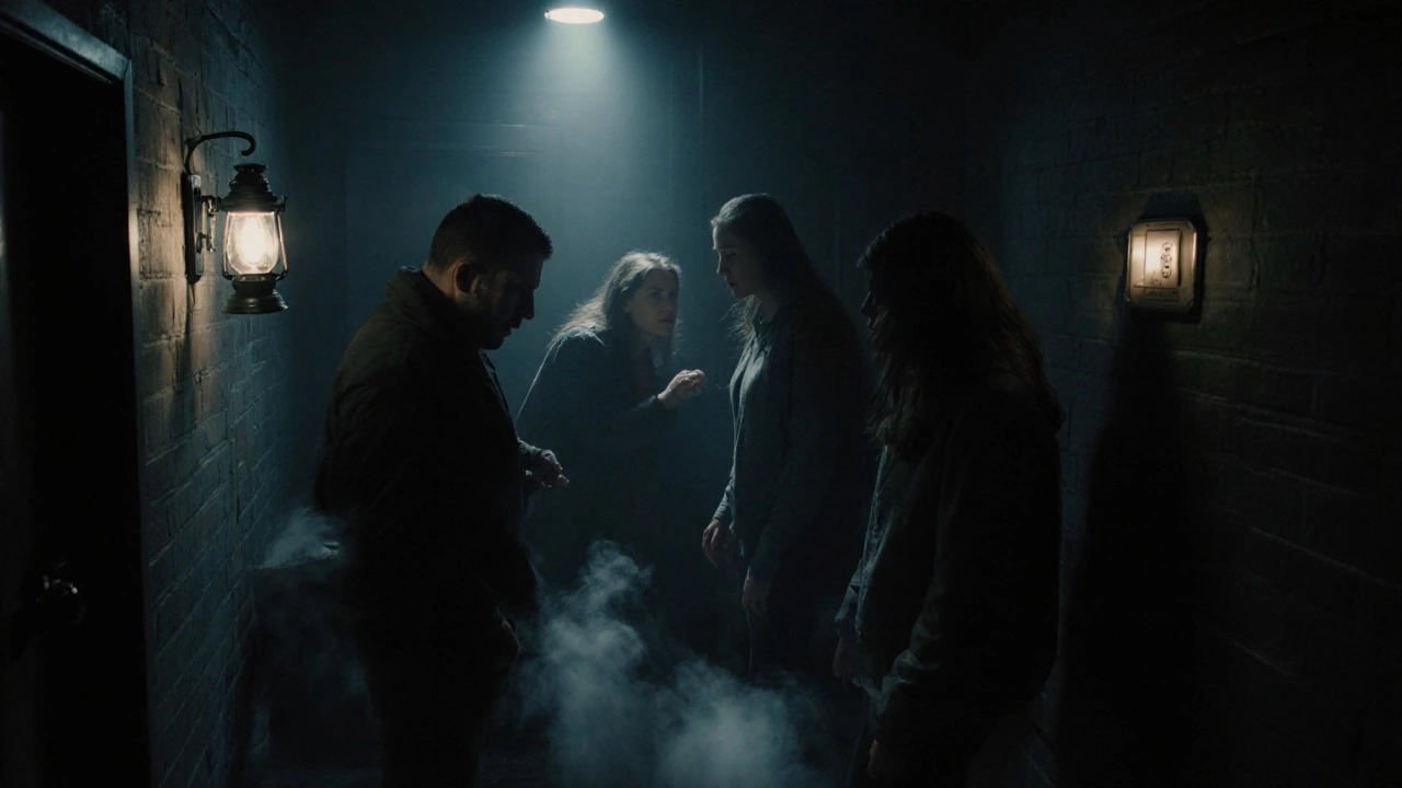 A group in a dim escape room, one person looking toward an emergency button, shadows and fog around them.