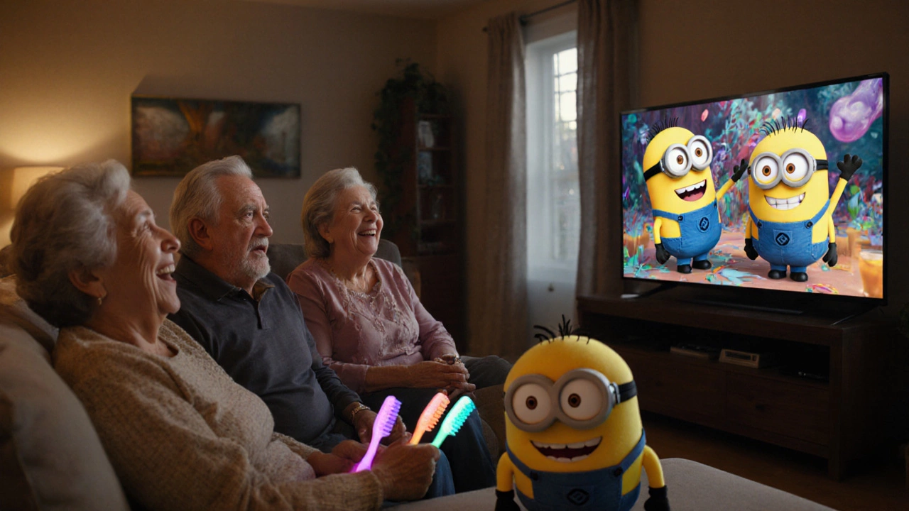 A multigenerational family laughing together while watching Minions on TV at home.