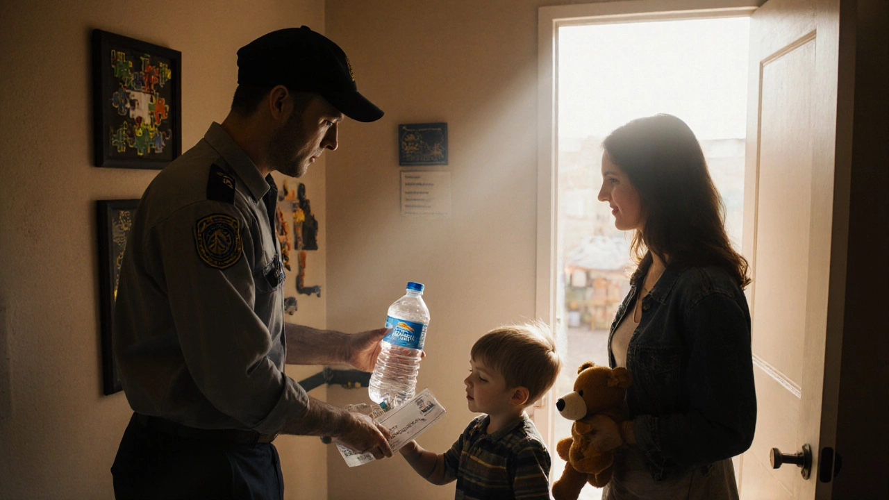 A staff member giving water and a voucher to a mother and child exiting an escape room.