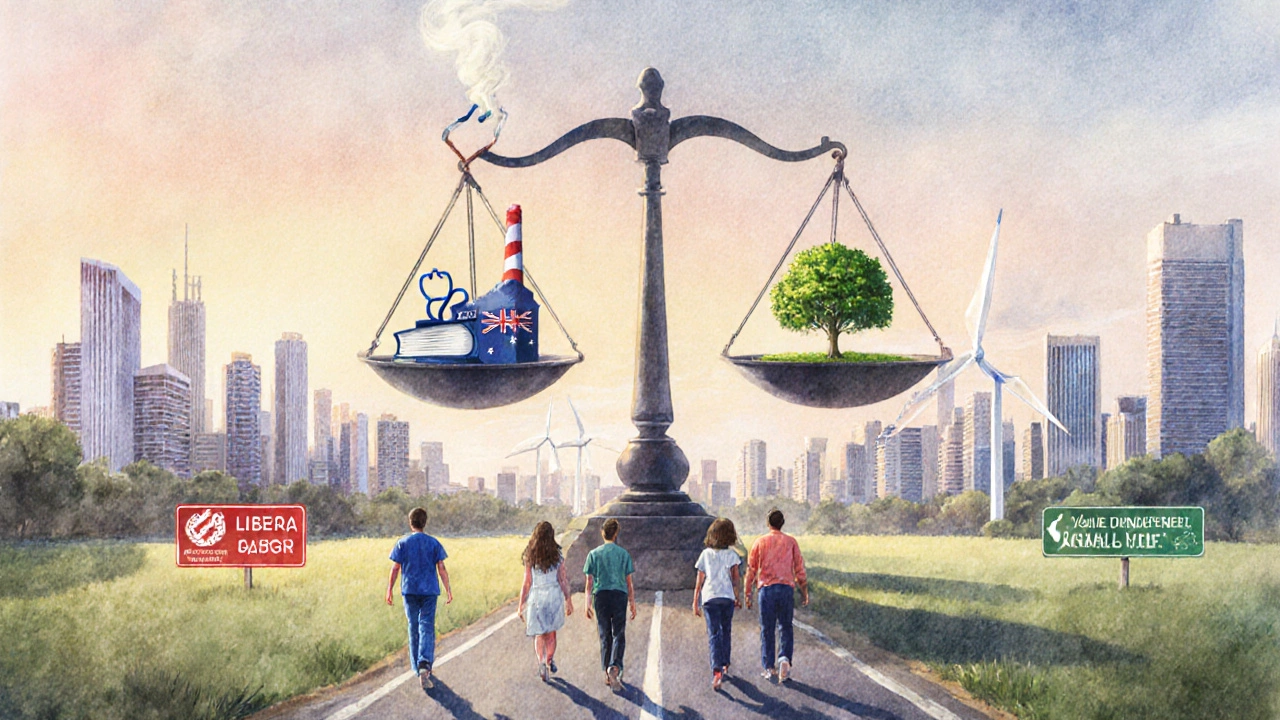 A symbolic scale balancing Labor, Liberal, and Greens icons above an Australian city skyline at dawn.