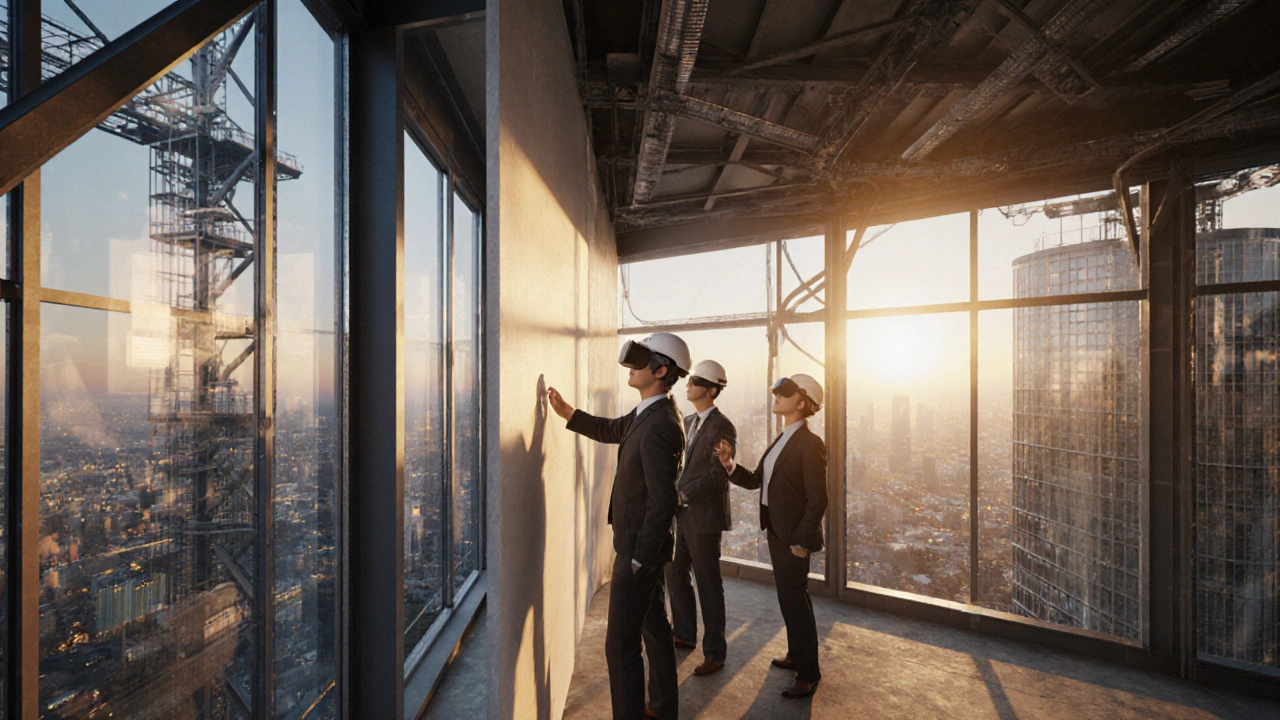 An architect exploring a virtual building, adjusting lighting with colleagues in VR.
