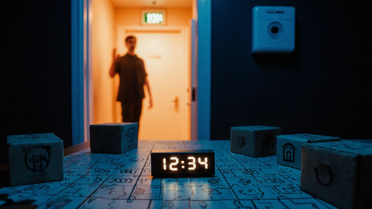 An escape room puzzle table with a glowing timer and a slightly open door revealing a staff member watching.