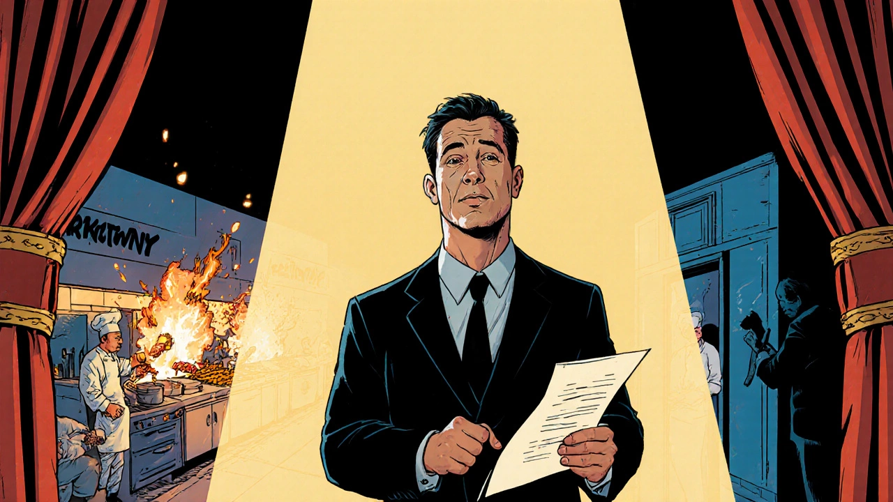 Barry in theater rehearsal with chaotic kitchen and crime alley in background, comic book style