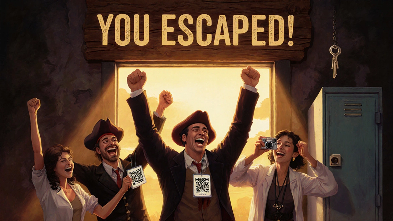 Celebrating team outside escape room with printed badge and disposable camera