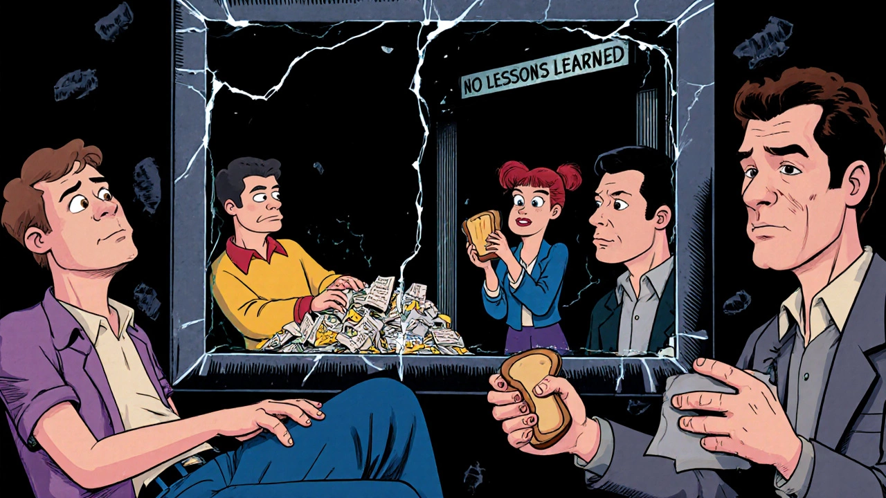 Four distorted characters trapped in their petty obsessions, reflecting Seinfeld&#039;s legacy.